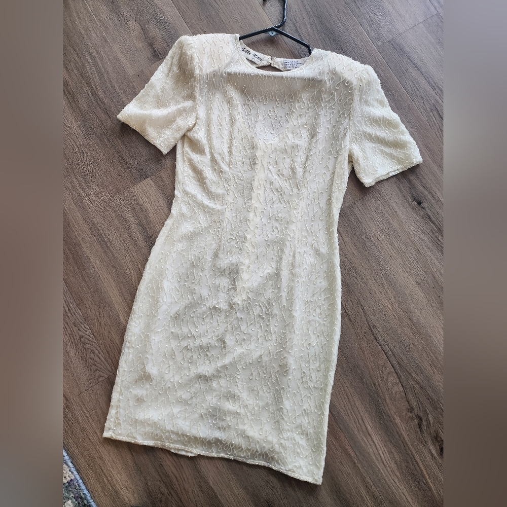 Silky Nites White Ivory Silk Fully Beaded 1980s Formal Dress